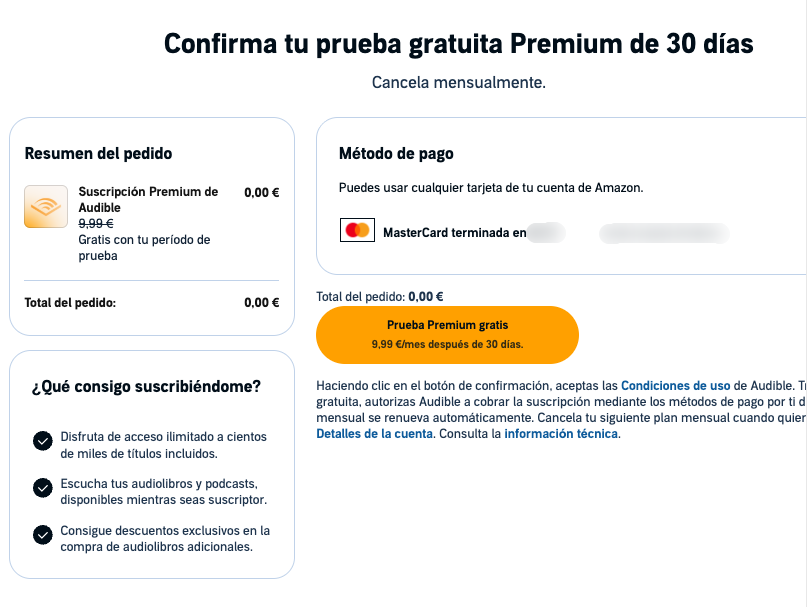 Confirma tu prueba gratuita Premium en Audible